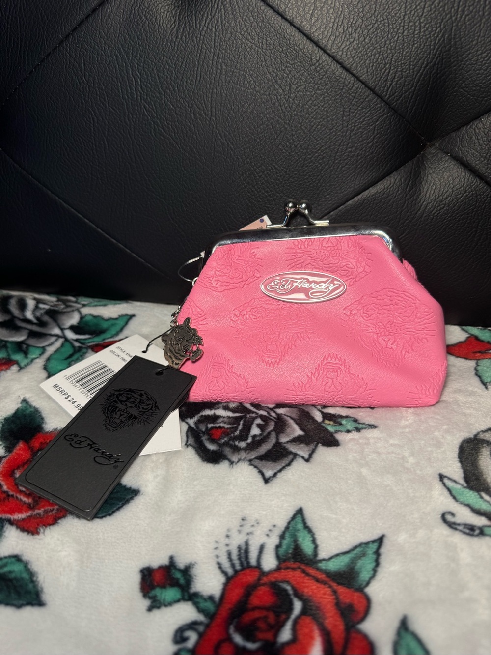 Ed Hardy Pink Embossed Kiss-Lock Coin Purse